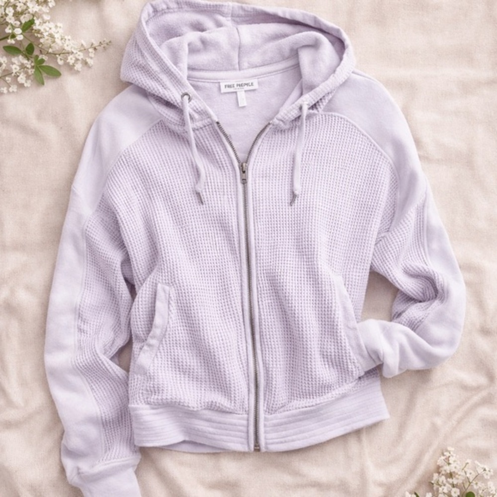 Free People Mason Waffle Front Zip Hoodie Lavender Fields XS EUC 💜